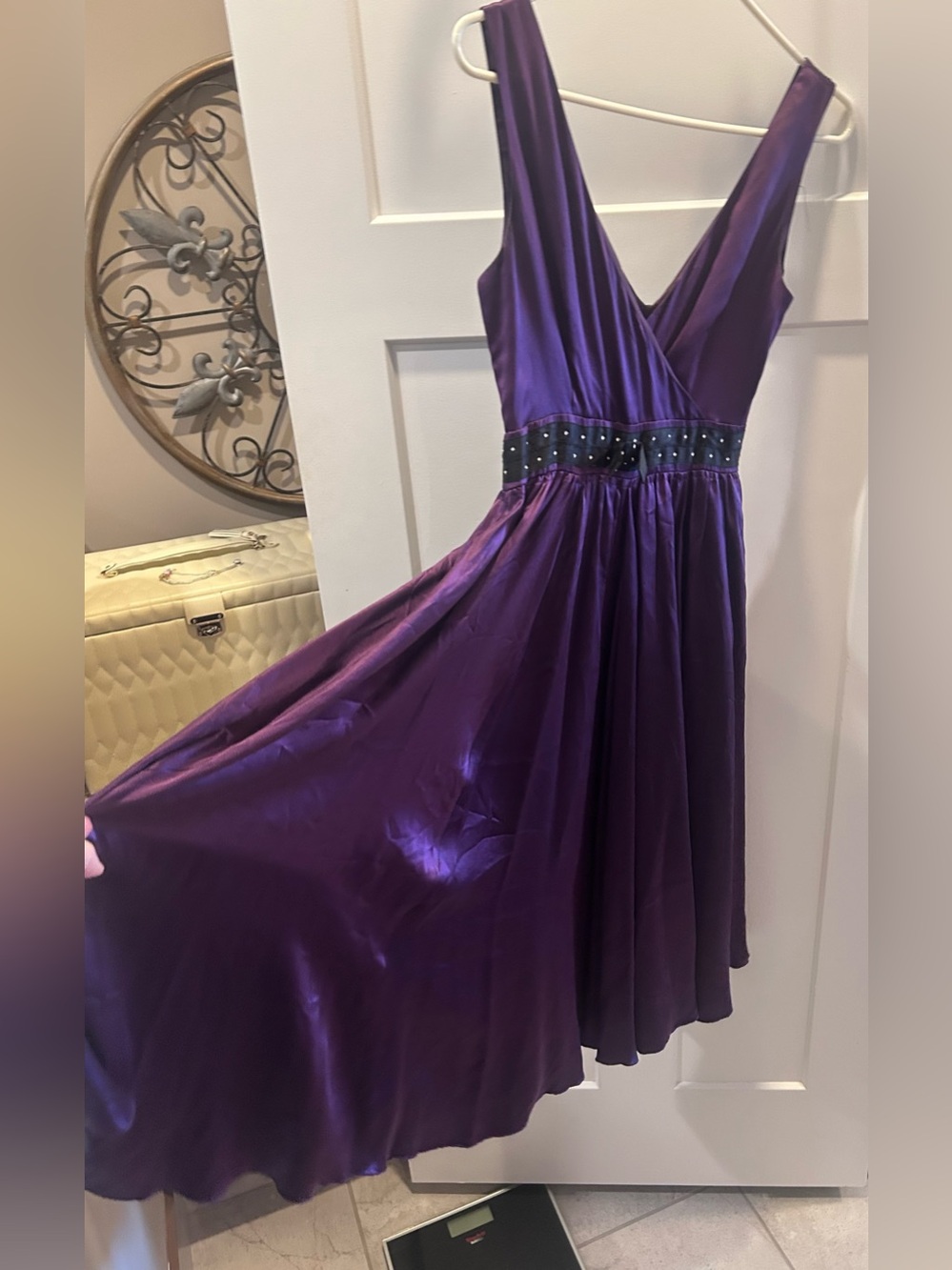 Jacob’s Purple V-Neck Silk Party Dress with Studded Waist